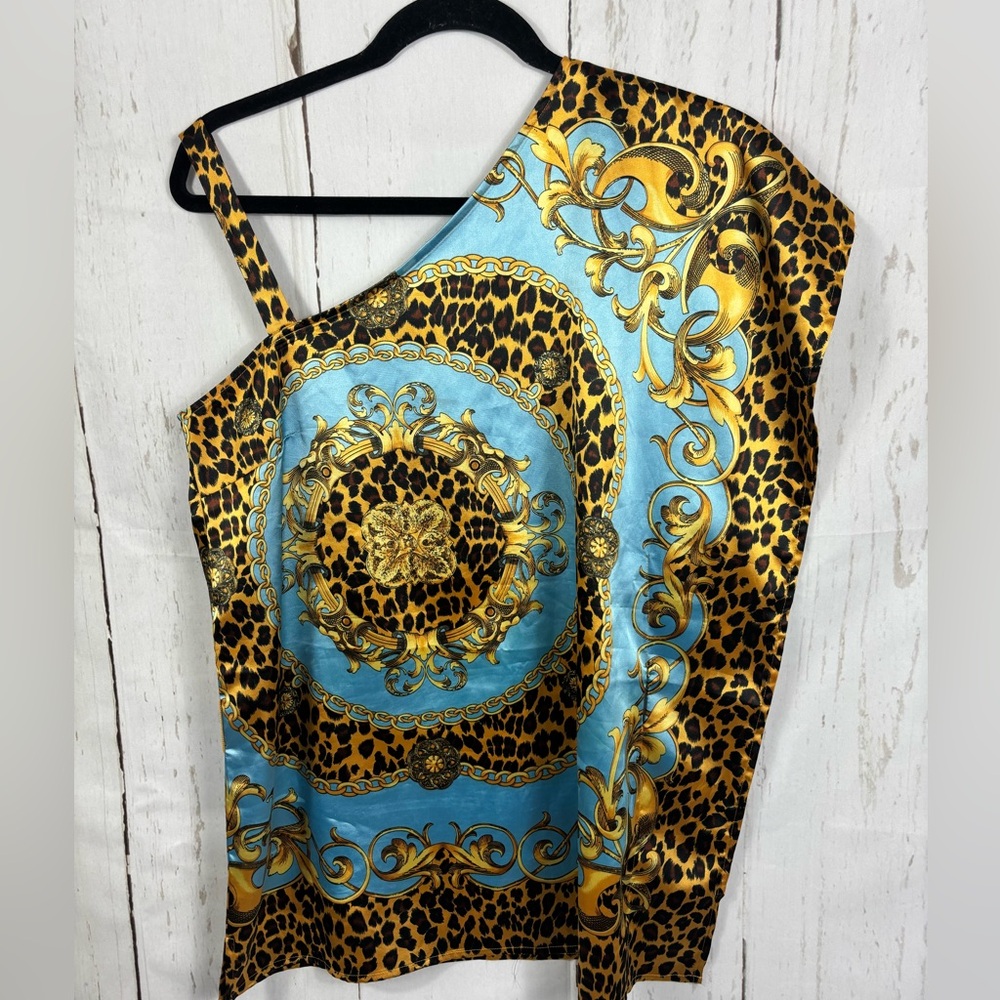 Animal Print Blue One Shoulder Tunic Top Silky Satin